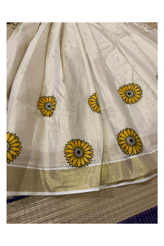 Semi Stitched Dhavani Set with Tissue Sunflower Printed Pavada and Dark Blue Bead Work Blouse Piece