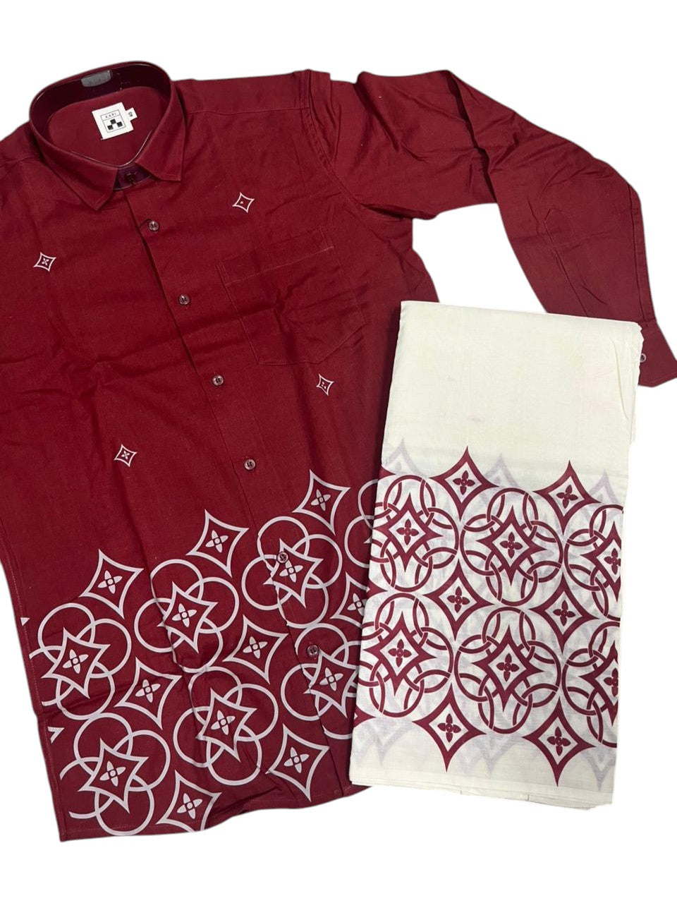 Southloom Cotton printed Maroon Men's Combo  (Shirt + Mundu) SL578