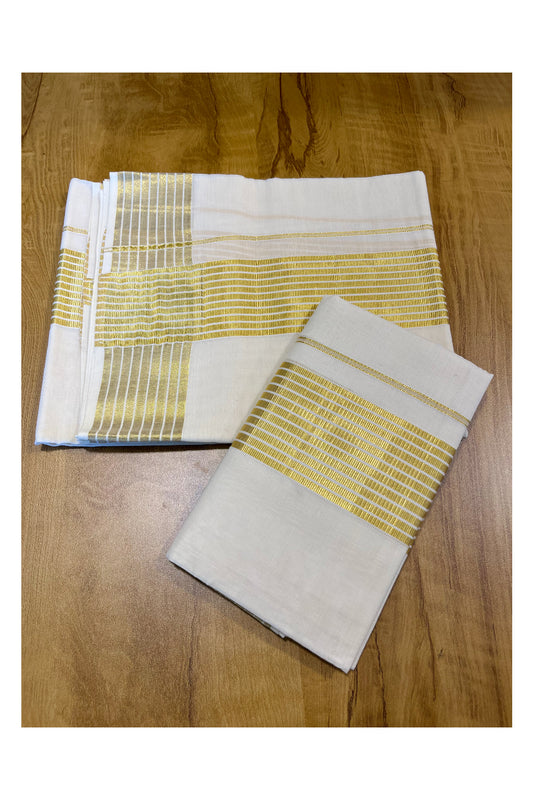 Kerala Cotton Set Mundu (Mundum Neriyathum) with Golden Lines on Border