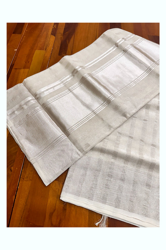 Southloom™ Premium Handloom Silver Tissue Saree with Silver Kasavu Lines (Vishu 2024 Collection)