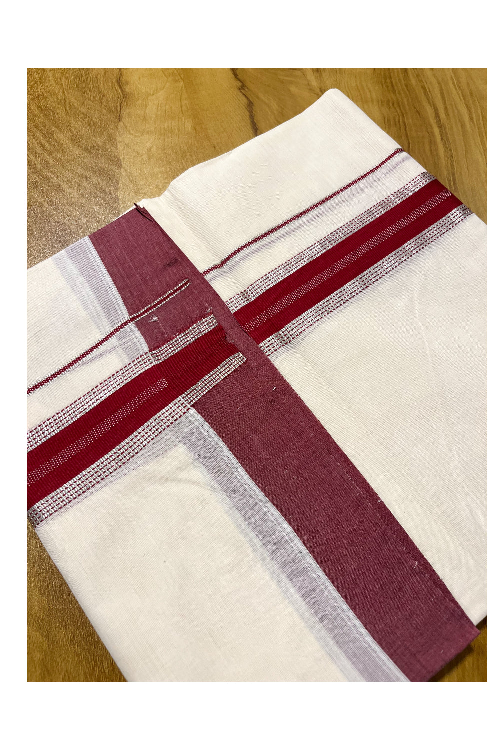 Pure Cotton Off White Double Mundu with Silver Kasavu and Red Border (South Indian Kerala Dhoti)