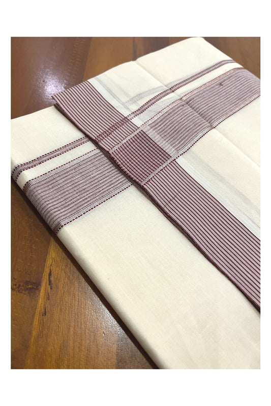 Pure Cotton 100x100 Double Mundu with Maroon and Silver Kasavu Kara (Onam Mundu 2023)