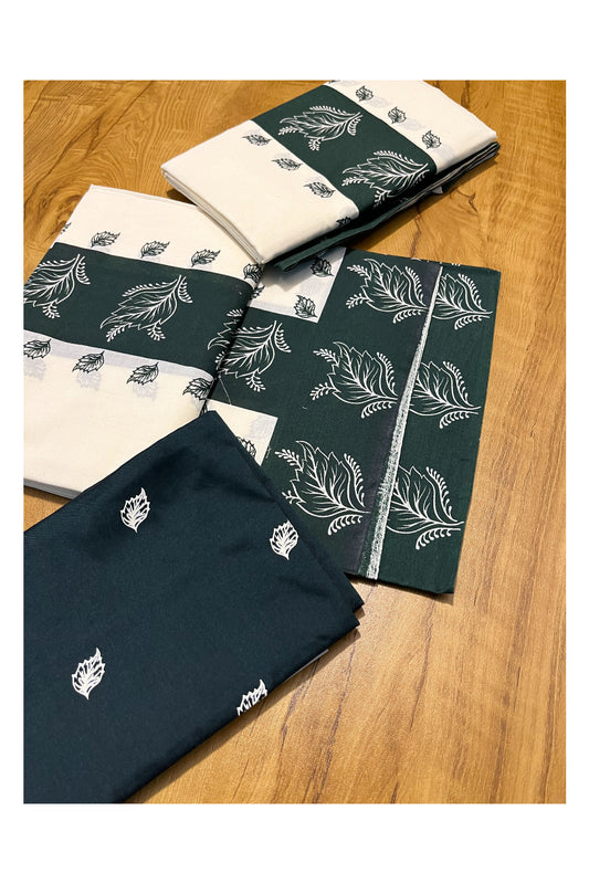 Kerala Cotton Set Mundu (Mundum Neriyathum) with Dark Green Leaf Prints and Seperate Blouse Piece