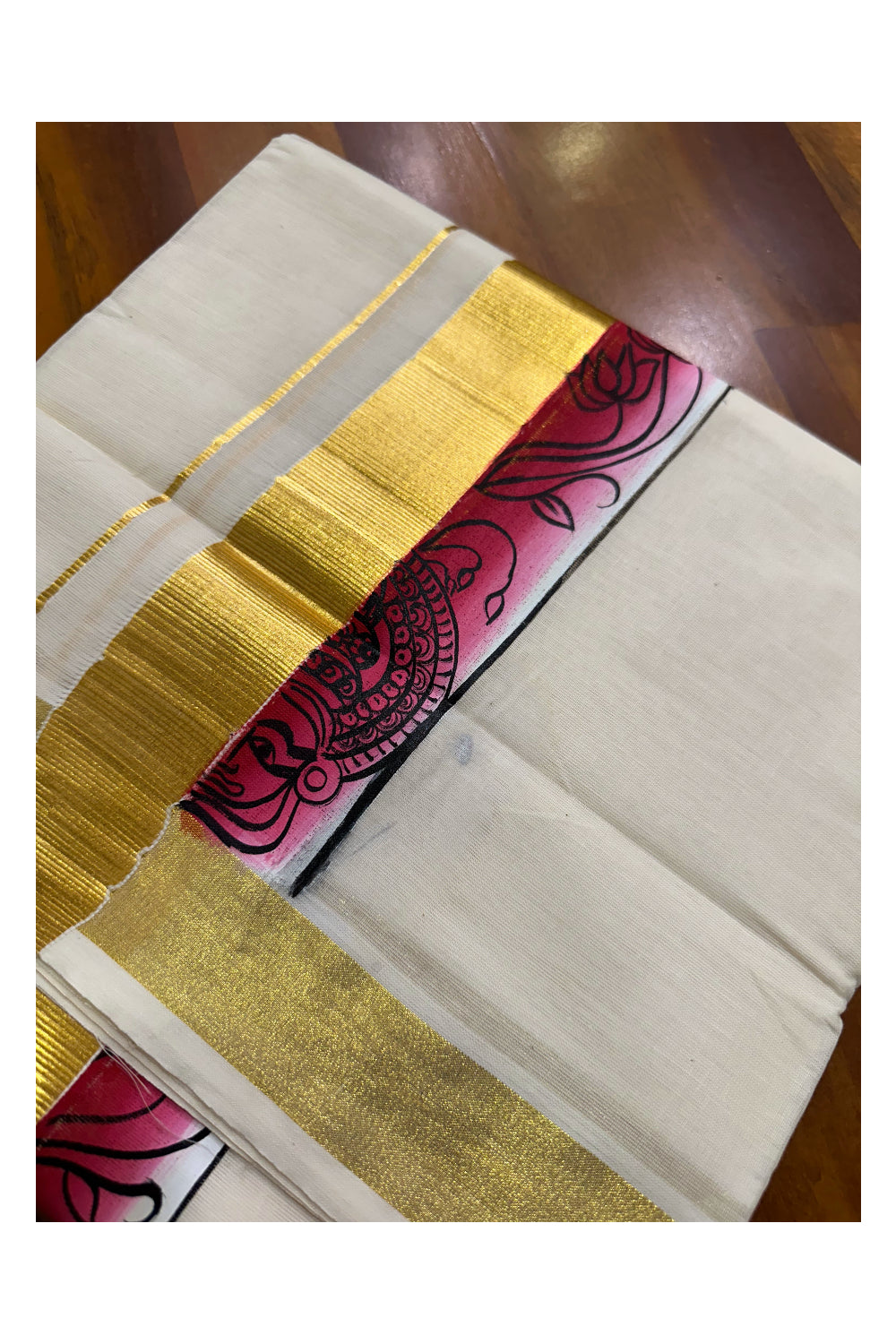 Kerala Pure Cotton Double Mundu with Hand Painted Designs on Kasavu Border(South Indian Kerala Dhoti)