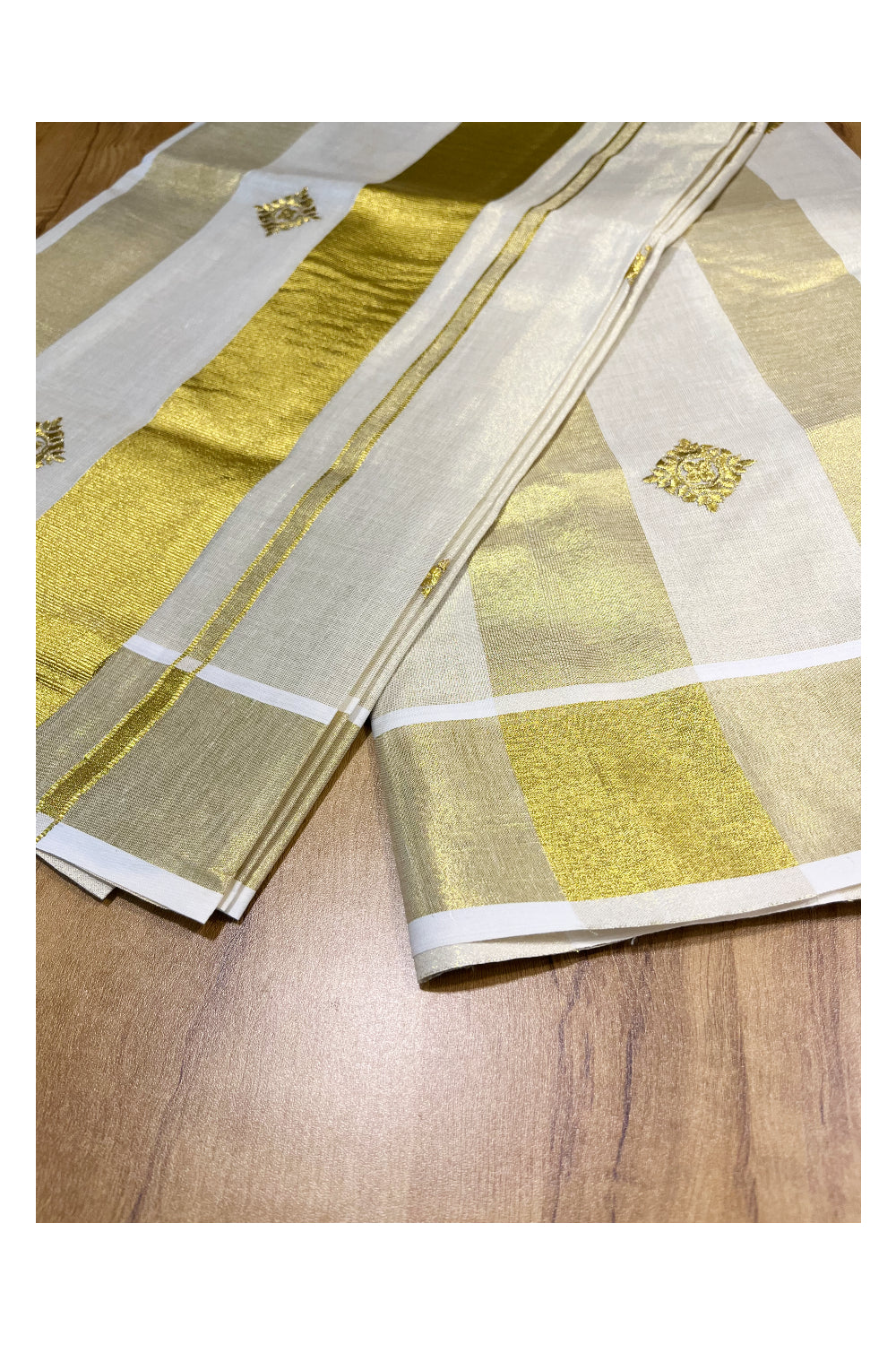 Kerala Tissue Kasavu Stripes Saree with Golden Floral Embroidery Designs on Body and Pallu