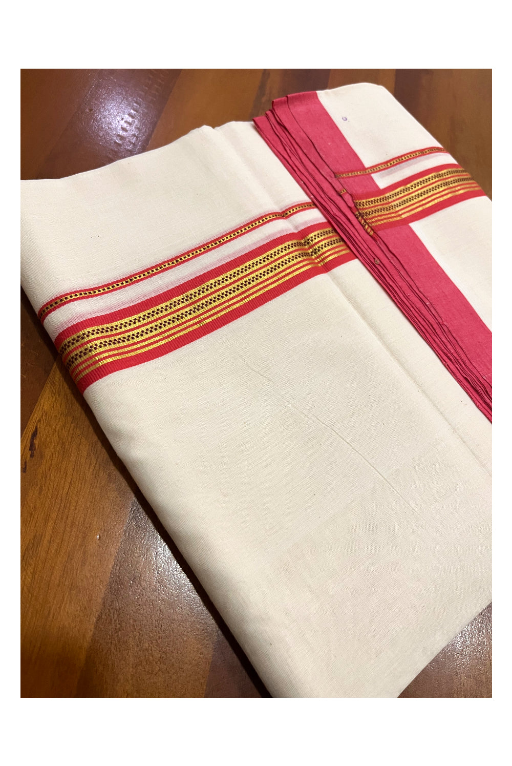 Premium Balaramapuram Unakkupaavu Handloom 10 Muzham Mundu with Kasavu and Red Border (South Indian Kerala Dhoti)