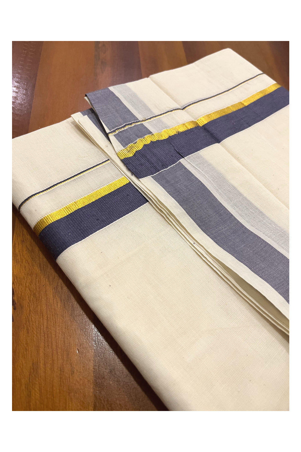 Pure Cotton Kerala Double Mundu with Grey and Kasavu Kara (South Indian Kerala Dhoti)