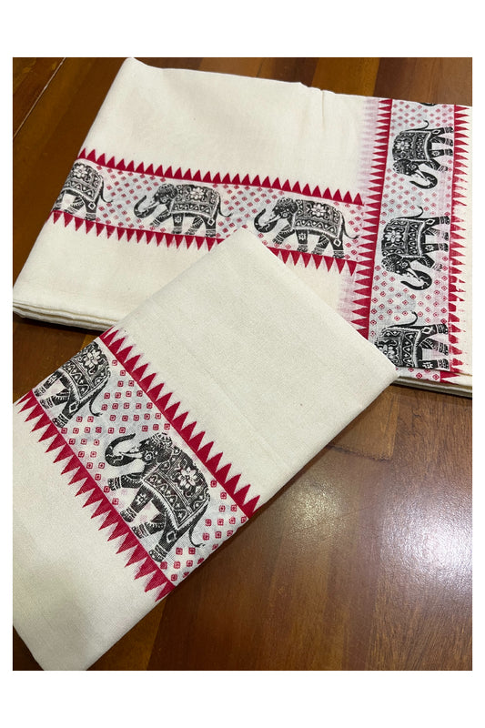 Kerala Pure Cotton Single Set Mundu (Mundum Neriyathum) with Black Elephant Block Prints on Red Temple Border