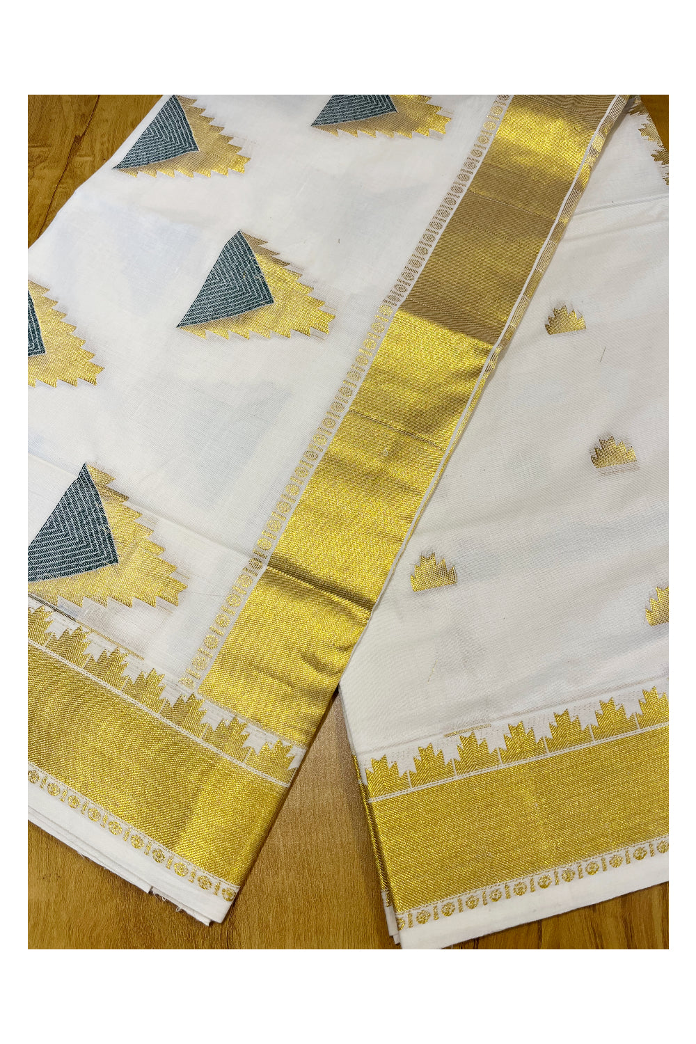 Southloom Cotton Kasavu Saree with Temple Woven Designs across Body