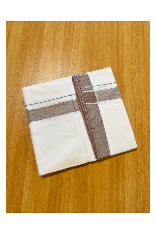 Southloom Premium Handloom Cotton Double Mundu with Brown and Silver Kasavu Border