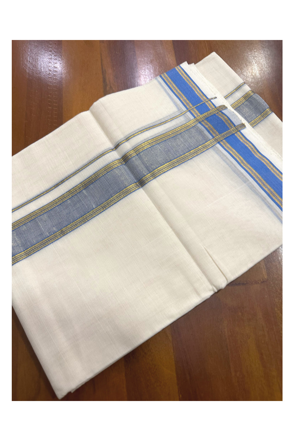 Southloom Premium Handloom Mundu with Blue and Kasavu Kara (Onam Mundu 2023)