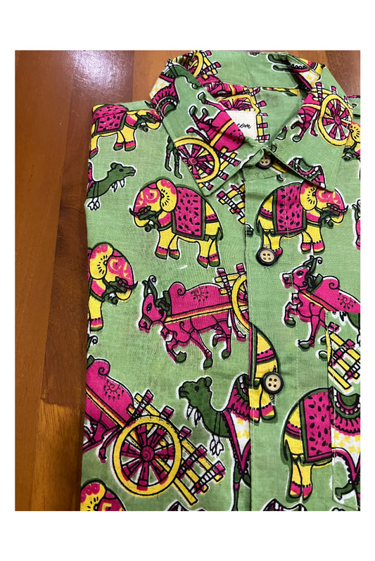 Southloom Jaipur Cotton Animals Hand Block Printed Green Shirt For Kids (Half Sleeves)