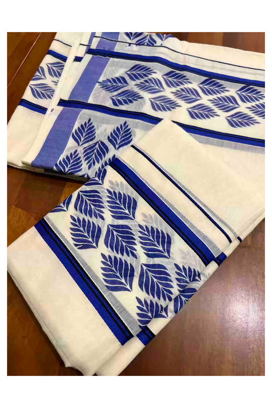 Kerala Cotton Single Set Mundu (Mundum Neriyathum) with Leaf Block Prints on Dark Blue and Black Border