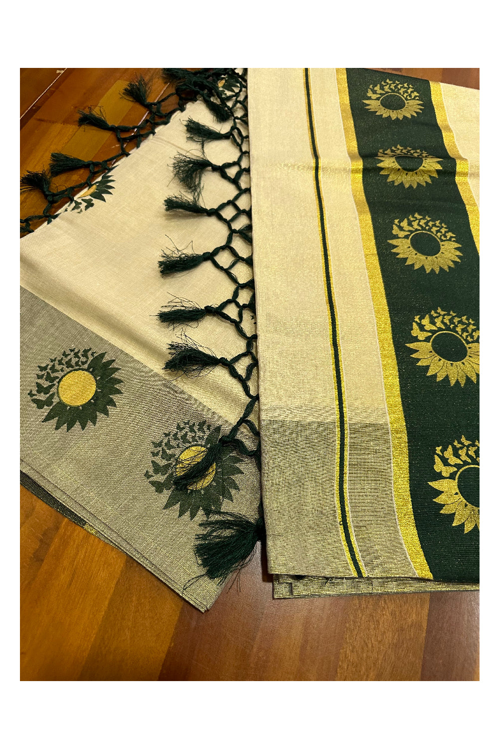 Kerala Tissue Kasavu Saree with Dark Green and Golden Block Prints on Border (Onam Saree 2023)