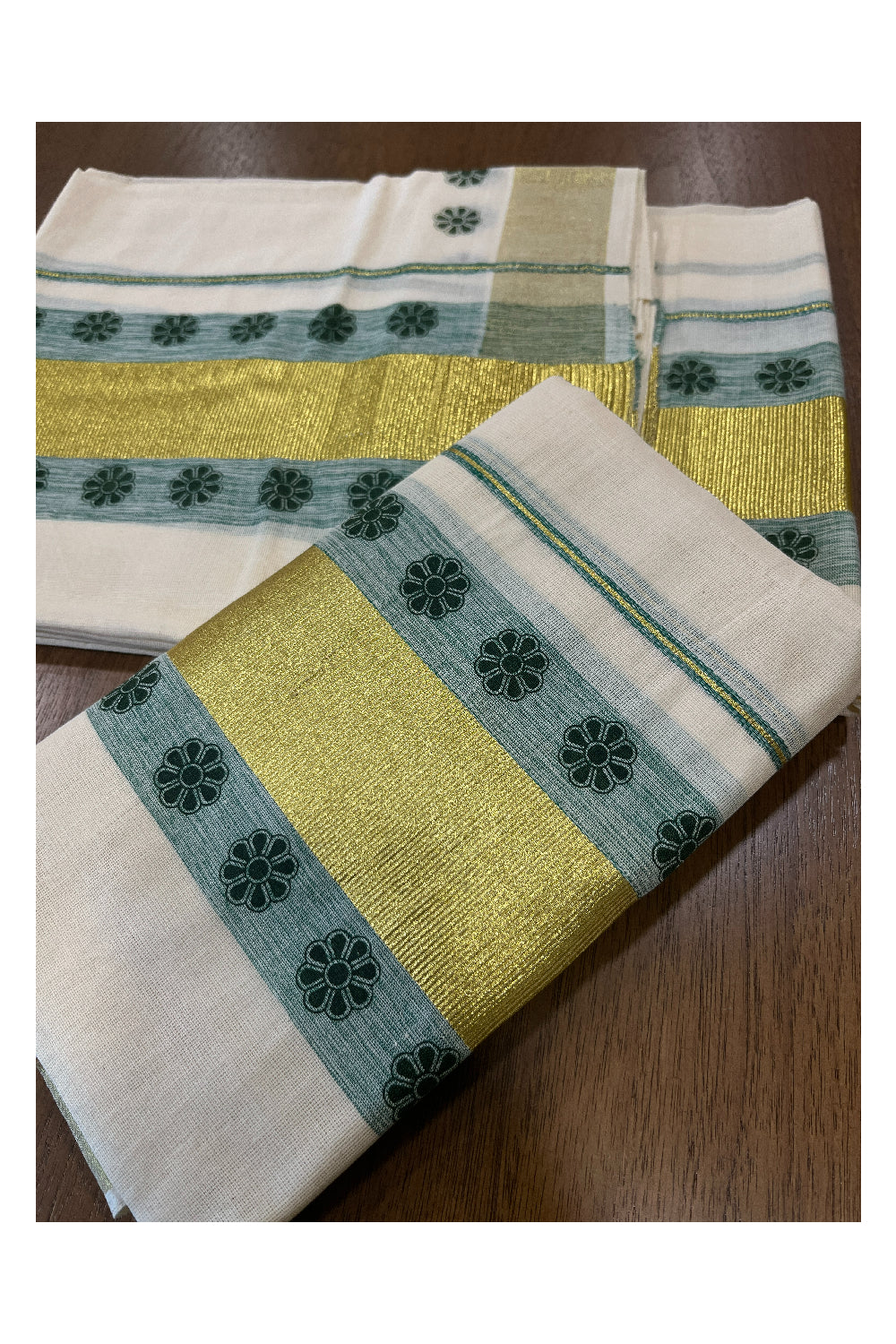 Cotton Single Set Mundu (Mundu Neriyathum) with Green Block Prints and Kasavu Border