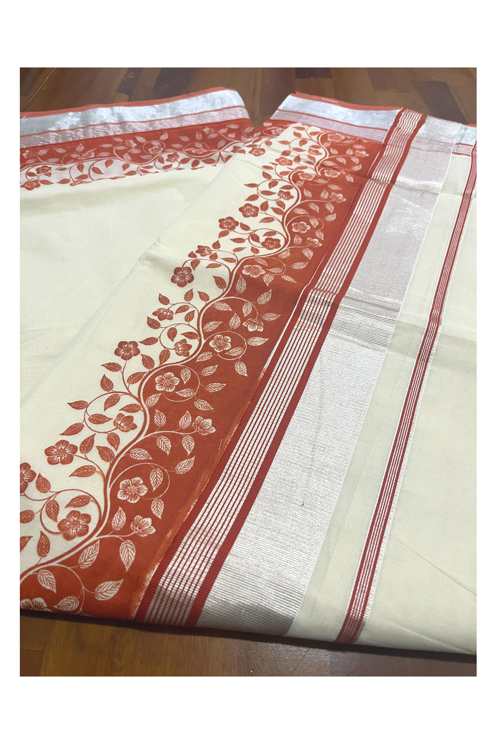 Kerala Cotton Saree with Orange Floral Block Prints and Silver Kasavu Border (Onam Saree 2023)