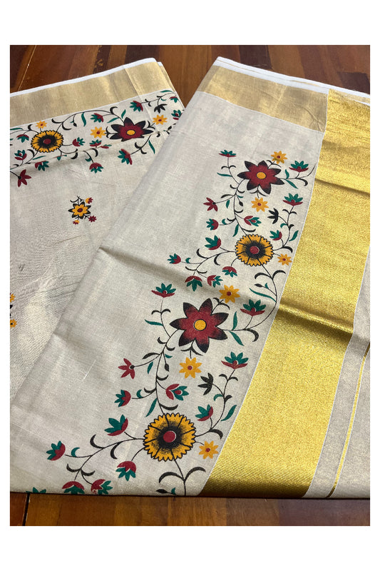 Kerala Tissue Kasavu Saree with Floral Block Printed Designs (Vishu 2024 Collection)