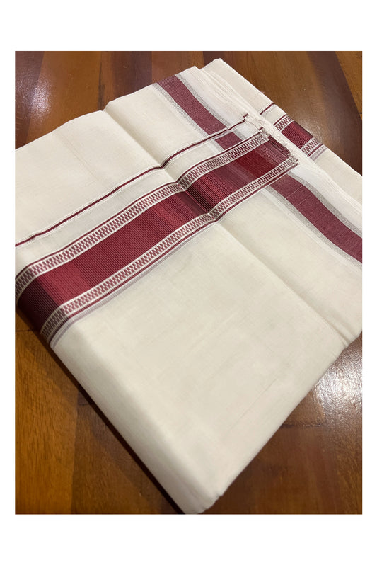 Southloom Premium Handloom Cotton Double Mundu with Silver and Maroon Kasavu Design Border (South Indian Kerala Dhoti)