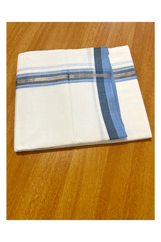 Pure White Cotton Double Mundu with Blue Border (South Indian Dhoti)