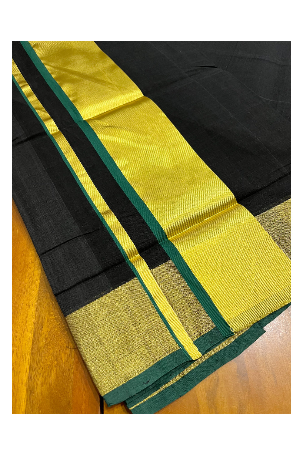 Southloom Premium Handloom Black Saree with Green And Kasavu Border