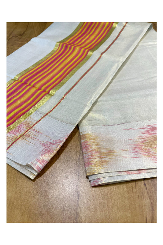 Southloom Kerala Tissue Kasavu Saree with Pink and Yellow Pochampally Design on Borders and Kara