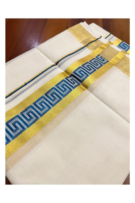 Southloom Premium Wedding Handloom Cotton Mundu with Blue and Golden Kasavu Woven Border (South Indian Kerala Dhoti)