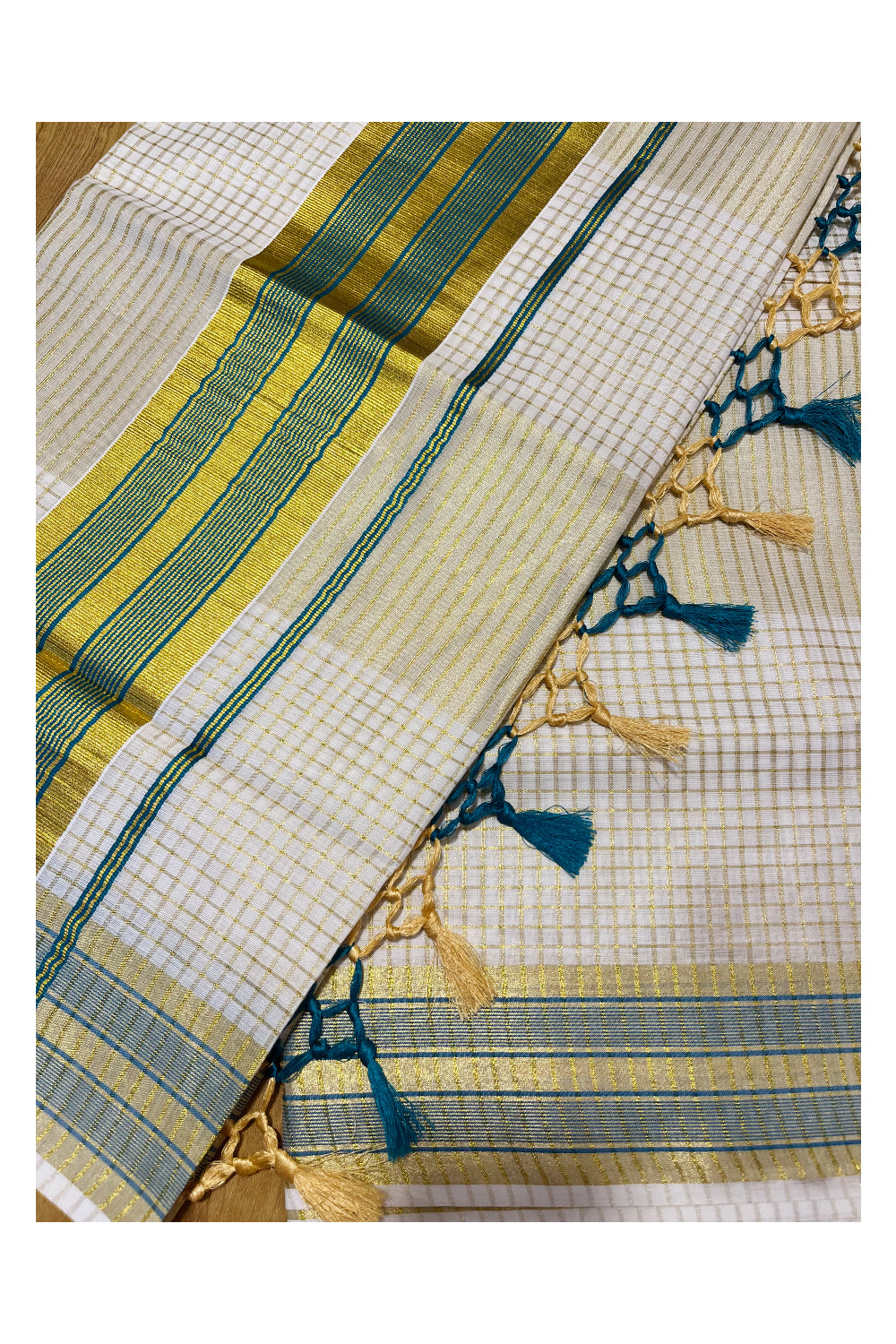 Pure Cotton Kerala Kasavu Check Saree with Peacock Green Border