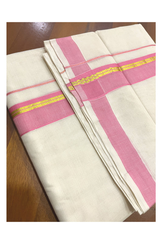 Pure Cotton Kerala Double Mundu with Kasavu and Pink Kara (South Indian Kerala Dhoti)