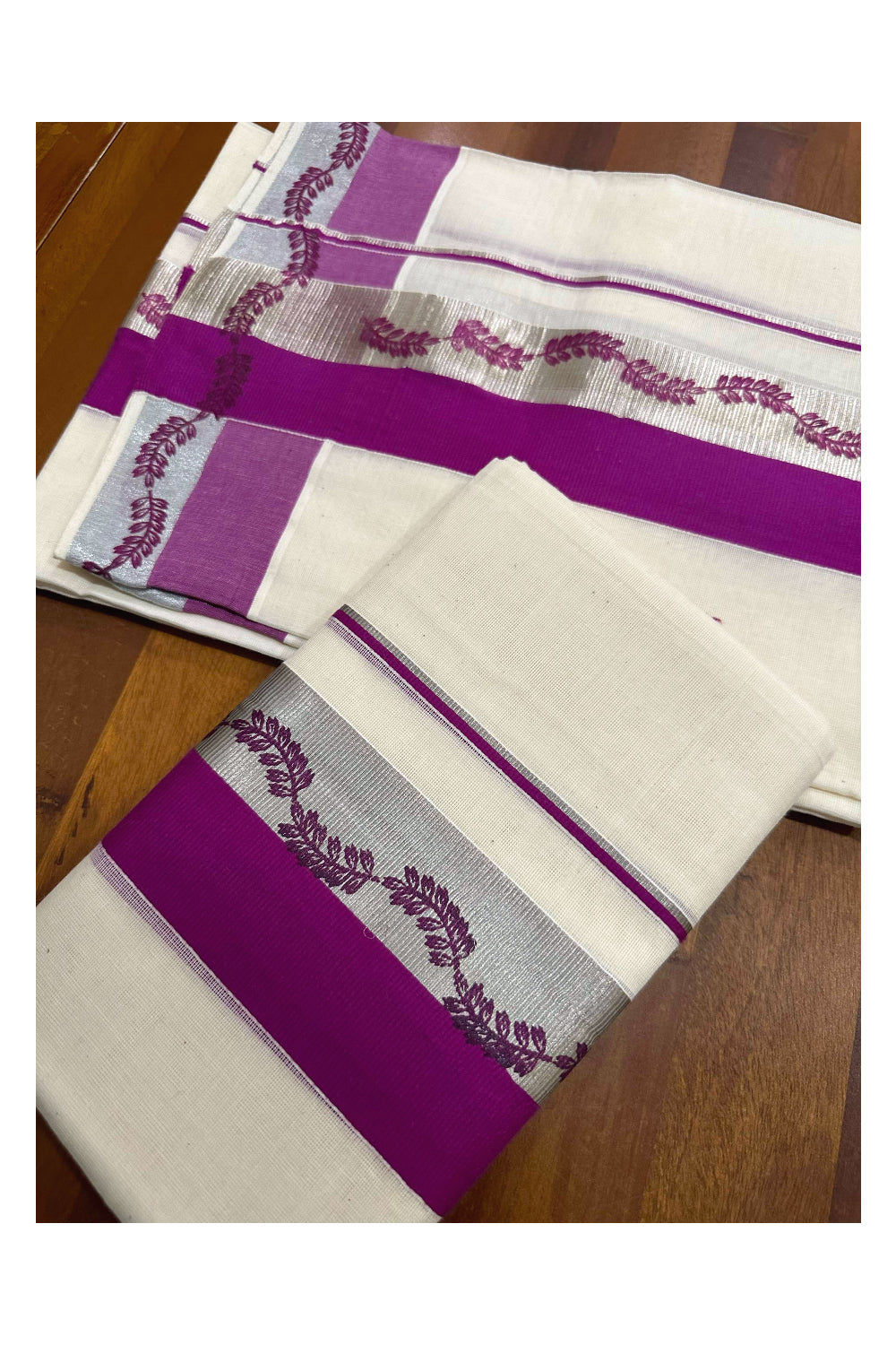 Kerala Cotton Single Set Mundu (Mundum Neriyathum) with Magenta Block Prints and Silver Kasavu Border 2.80 Mtrs (Onam set Mundu 2023)