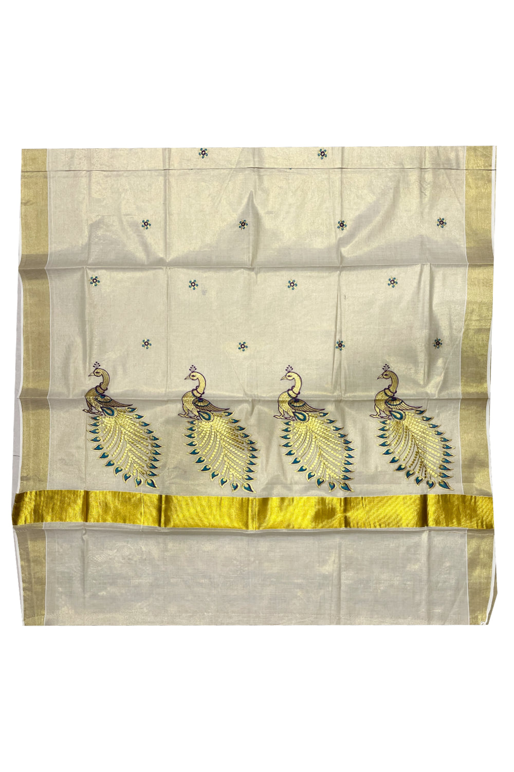 Kerala Tissue Turquoise and Golden Peacock Embroidery Work Kasavu Saree (Vishu 2024 Collection)