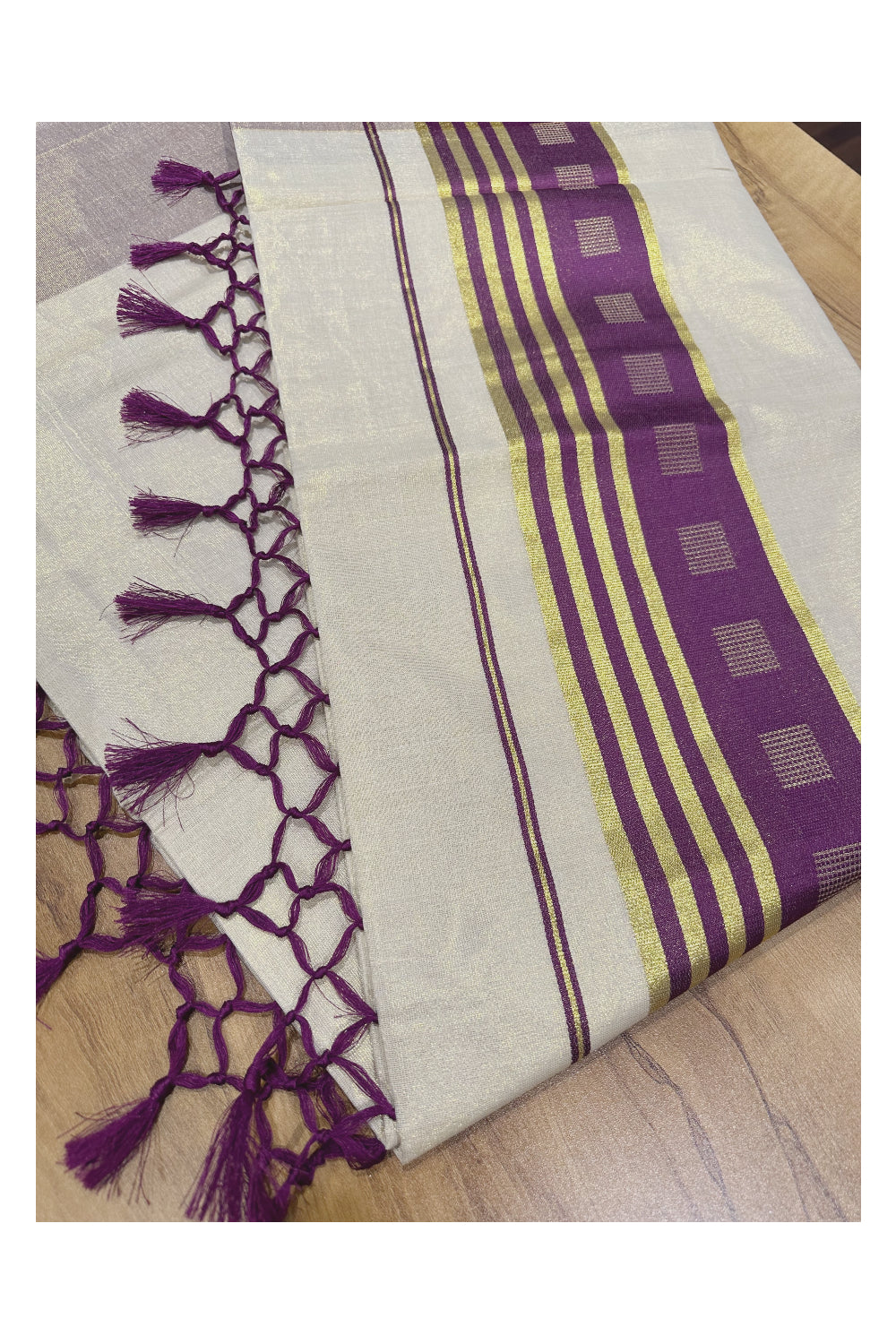 Kerala Tissue Saree with Kasavu Purple Border and Tassels Works on Pallu (Onam Saree 2023)