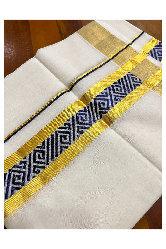 Southloom Premium Handloom Pure Cotton Mundu with Golden and Blue Kasavu Woven Border (Vishu 2024 Collection)