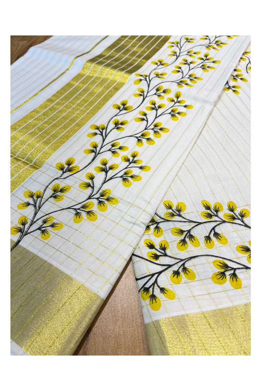 Southloom Yellow Floral Printed Kasavu Lines Cotton Kerala Saree