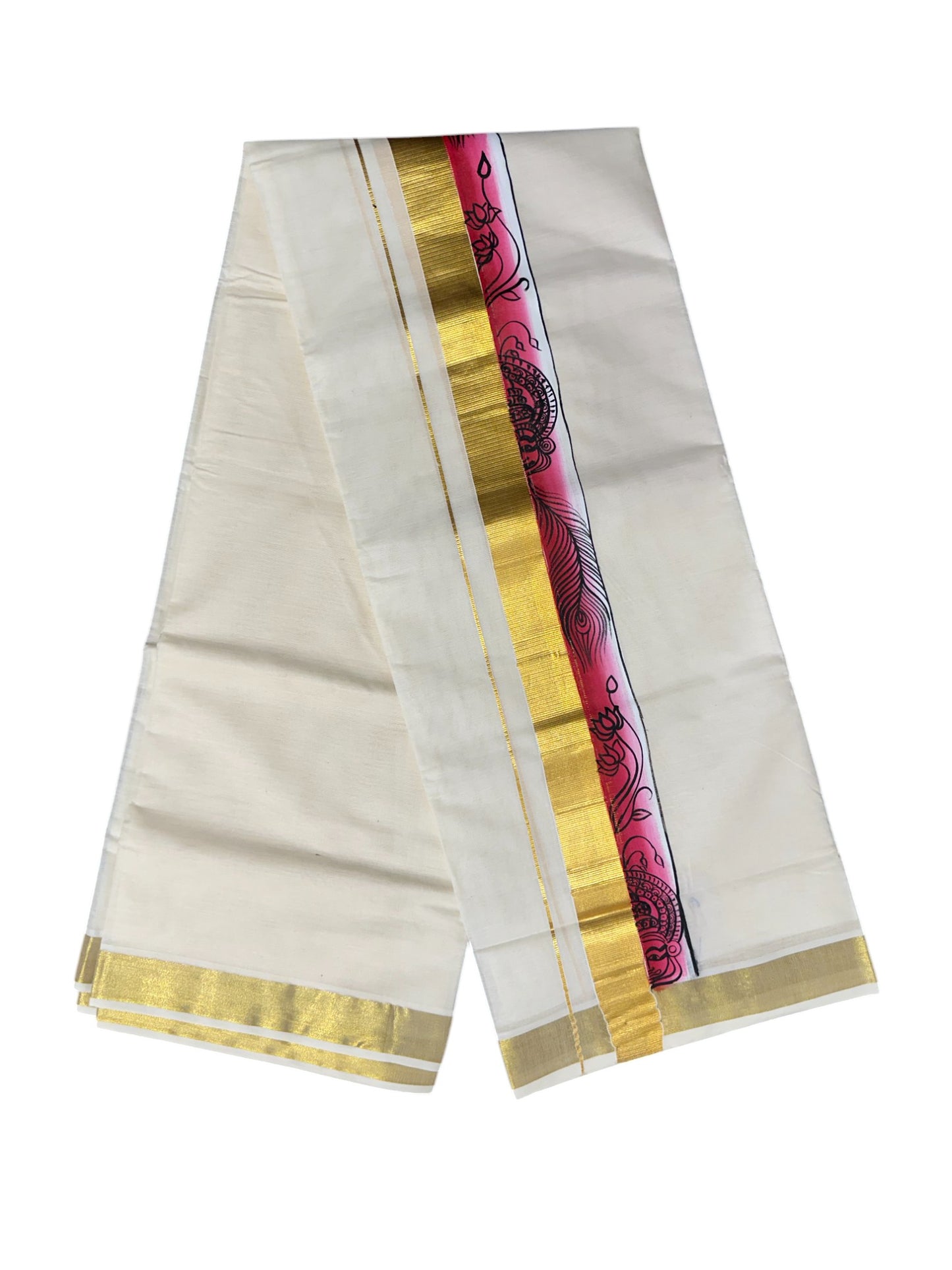 Kerala Pure Cotton Double Mundu with Hand Painted Designs on Kasavu Border(South Indian Kerala Dhoti)