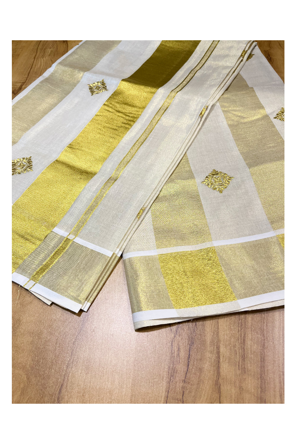 Kerala Tissue Kasavu Stripes Saree with Golden Floral Embroidery Designs on Body and Pallu