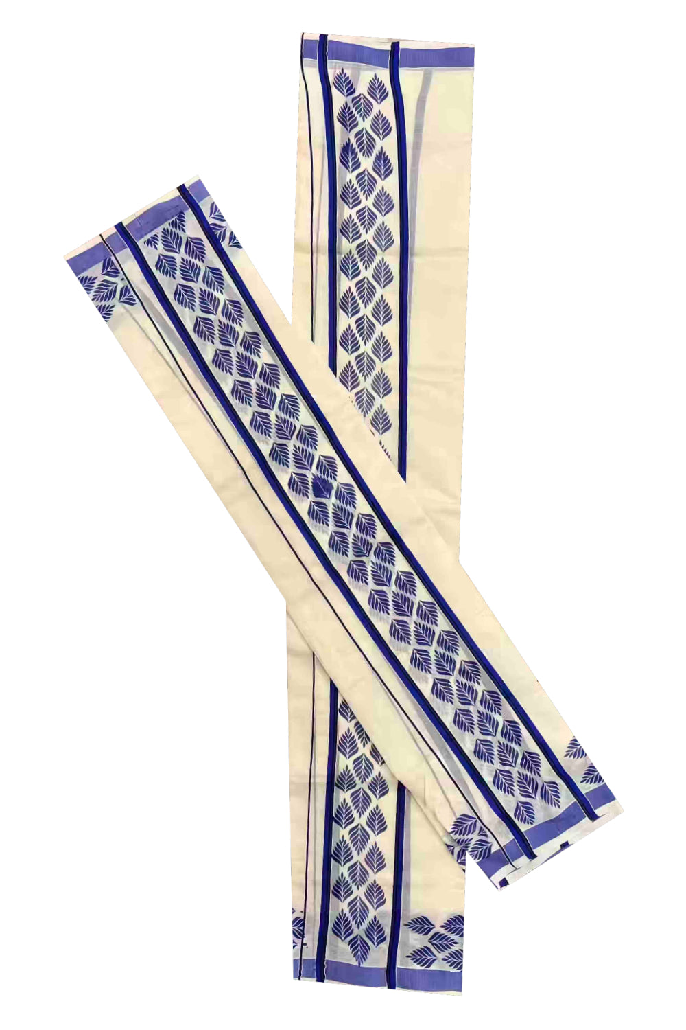 Kerala Cotton Single Set Mundu (Mundum Neriyathum) with Leaf Block Prints on Dark Blue and Black Border