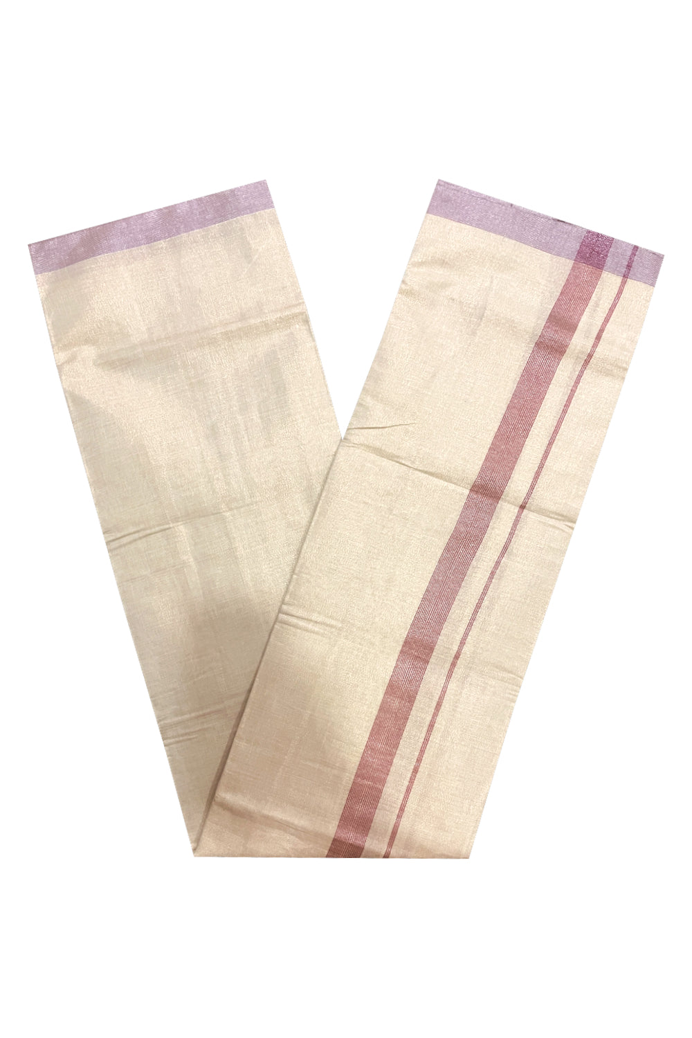 Kerala Rose Copper Tissue Double Mundu with Red Lines Border (South Indian Kerala Dhoti)