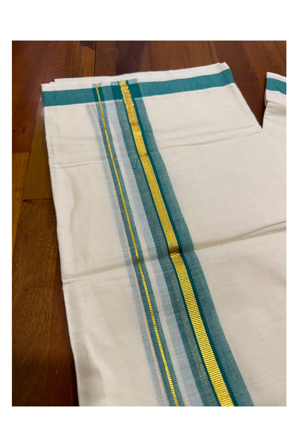 Kerala Cotton Double Mundu with Green and Kasavu Border (Onam Mundu 2023)