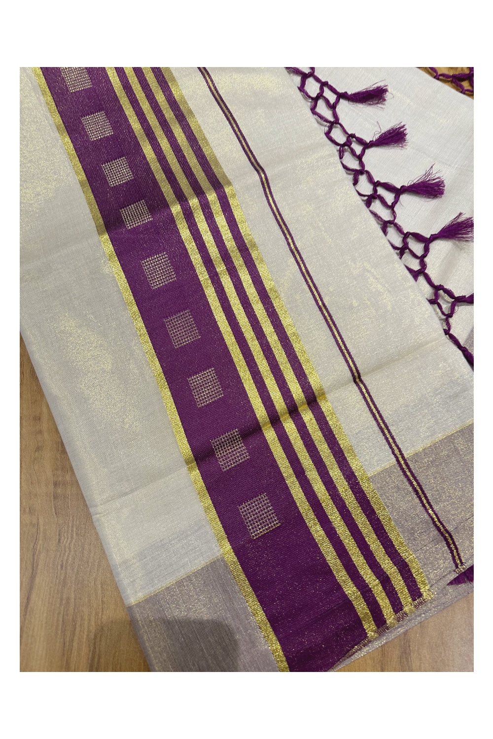 Kerala Tissue Saree with Kasavu Purple Border and Tassels Works on Pallu (Onam Saree 2023)