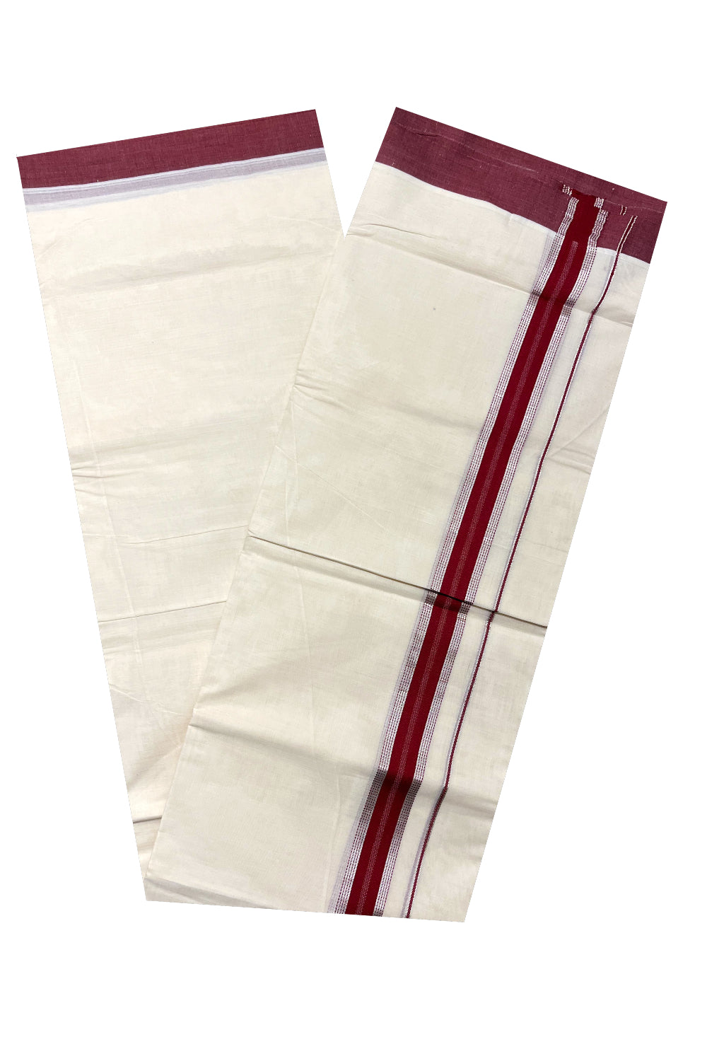 Pure Cotton Off White Double Mundu with Silver Kasavu and Red Border (South Indian Kerala Dhoti)