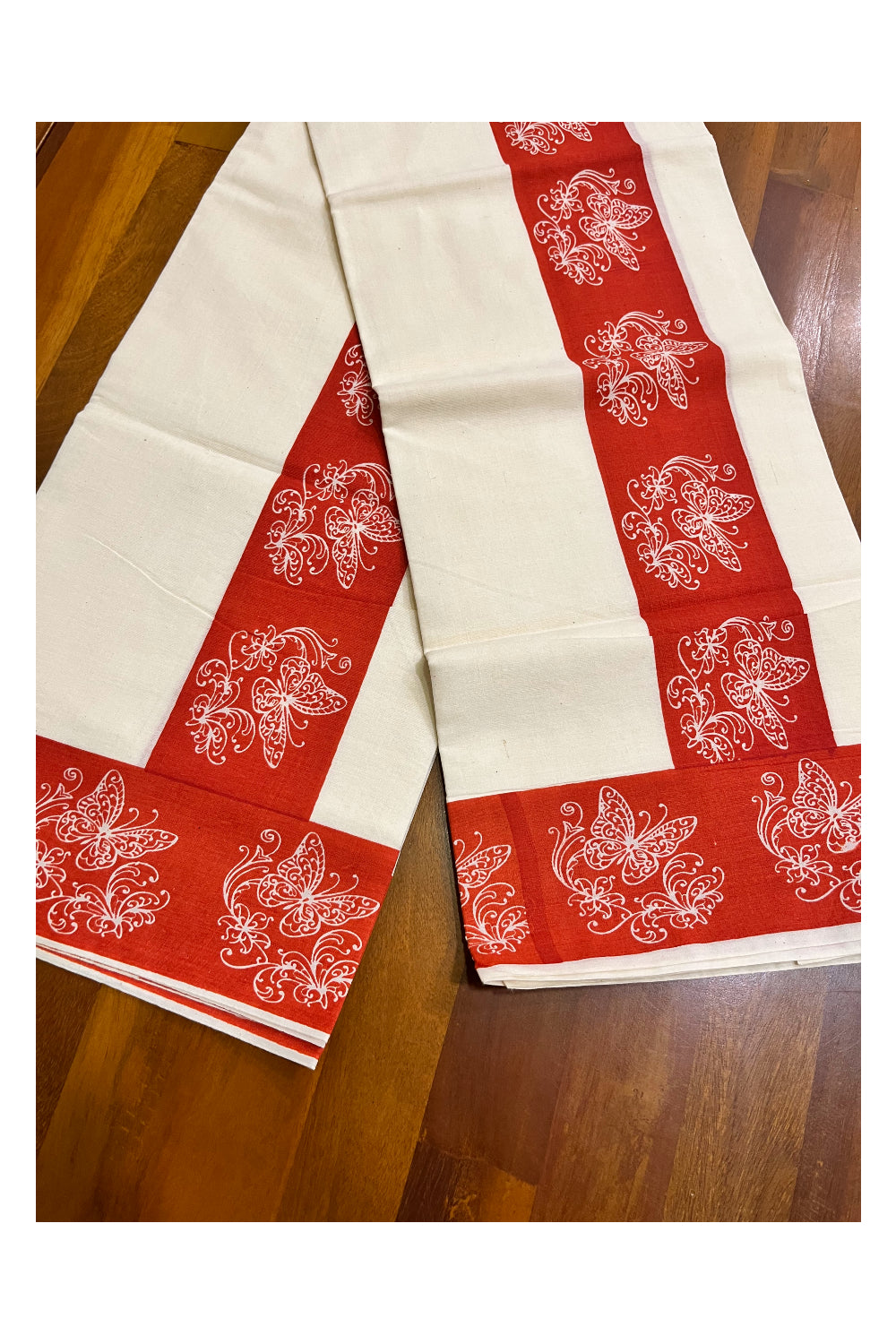 Kerala Cotton Set Mundu (Mundum Neriyathum) with Red Butterfly Prints and Seperate Blouse Piece