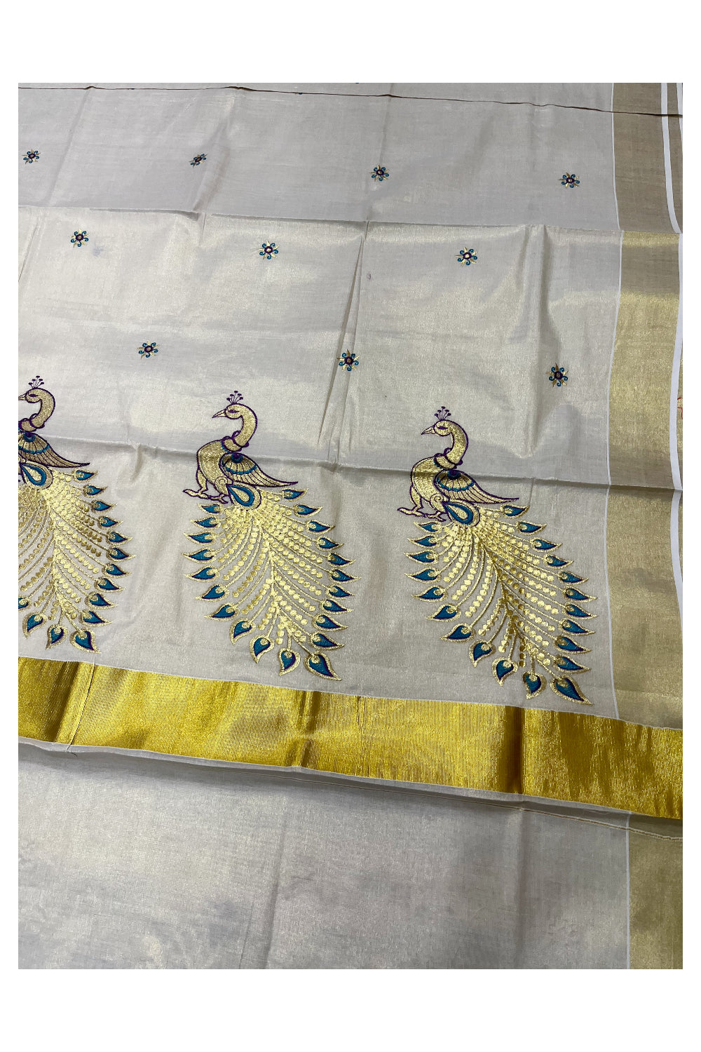 Kerala Tissue Green and Golden Feather Embroidery Work Kasavu Saree