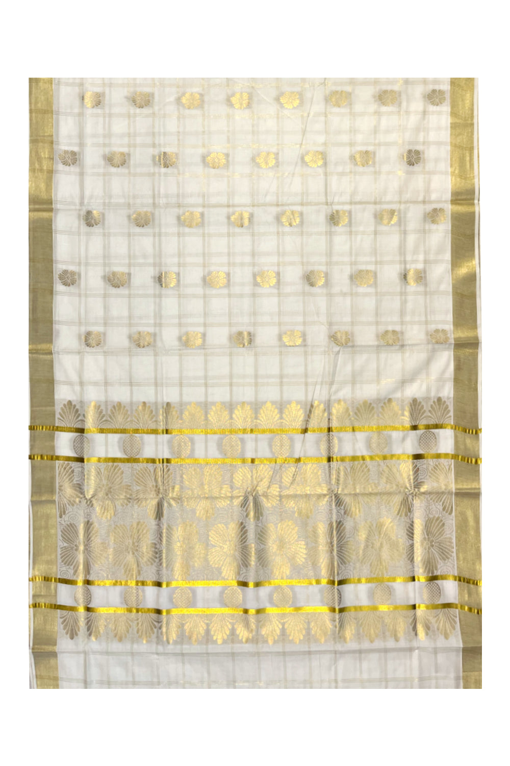 Kerala Cotton Kasavu Check Saree With Heavy Handwoven Works on Border