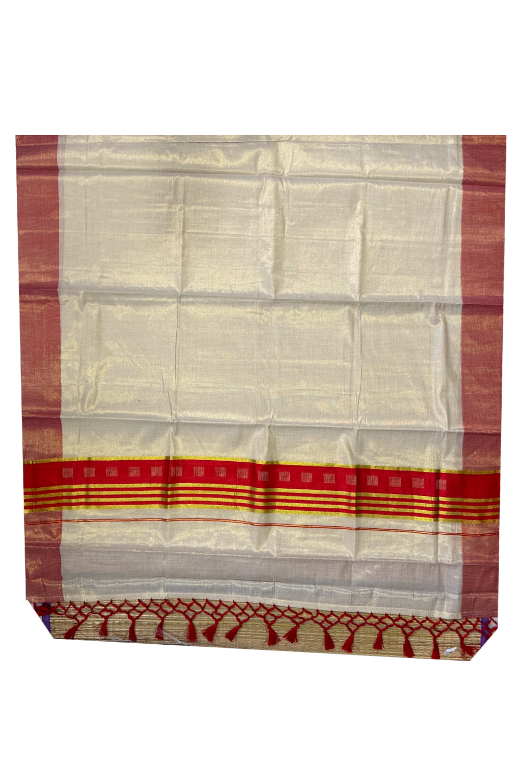 Kerala Tissue Saree with Kasavu Red Border and Tassels Works on Pallu (Onam Saree 2023)