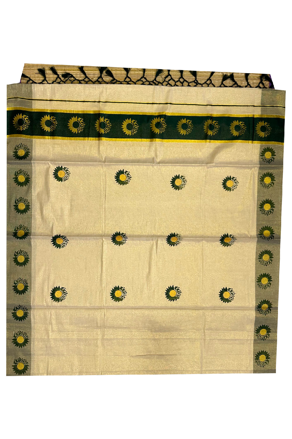 Kerala Tissue Kasavu Saree with Dark Green and Golden Block Prints on Border (Onam Saree 2023)