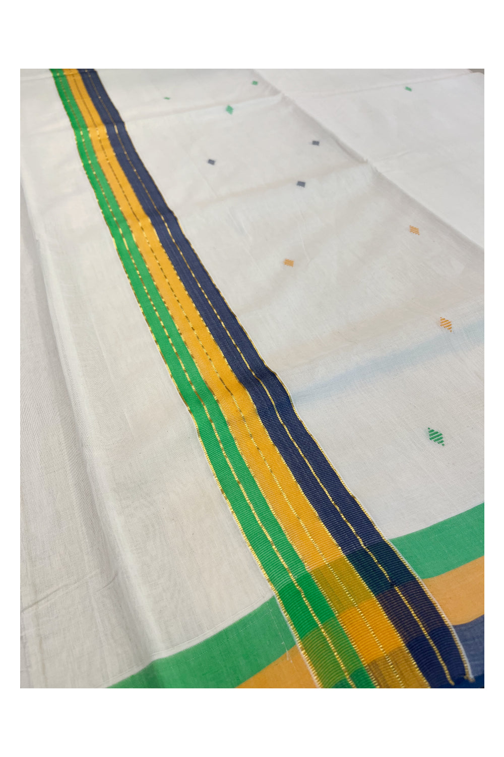 Southloom Premium Balaramapuram Unakkupaavu Handloom Cotton Butta Saree with Grey,Orange,Green and Kasavu Border