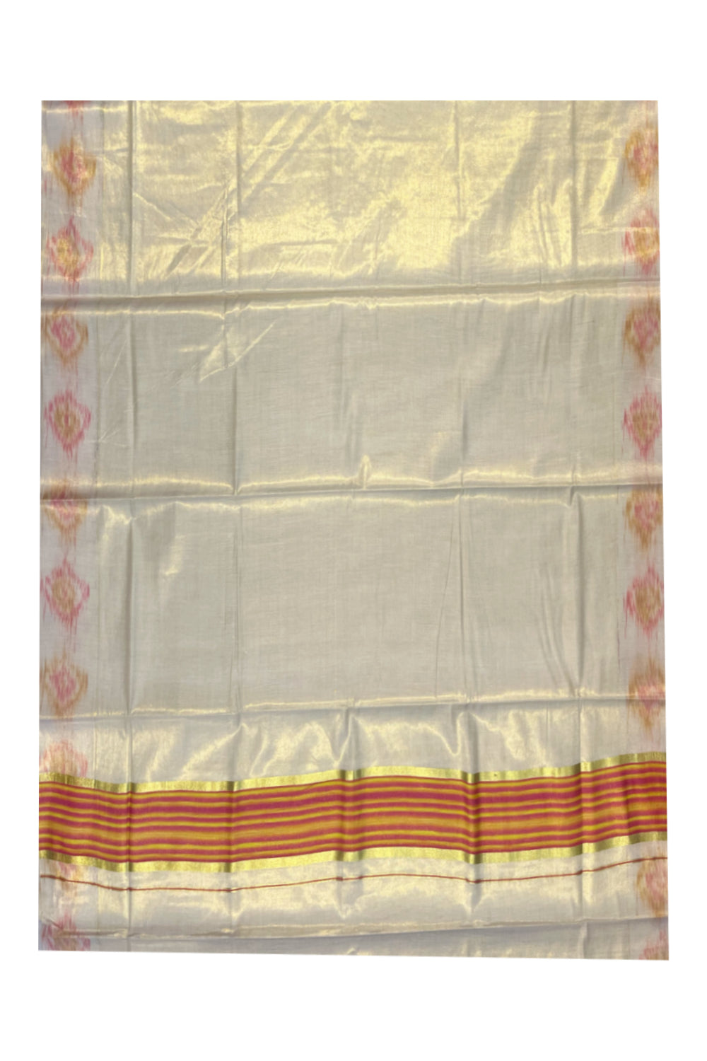 Southloom Kerala Tissue Kasavu Saree with Pink and Yellow Pochampally Design on Borders and Kara