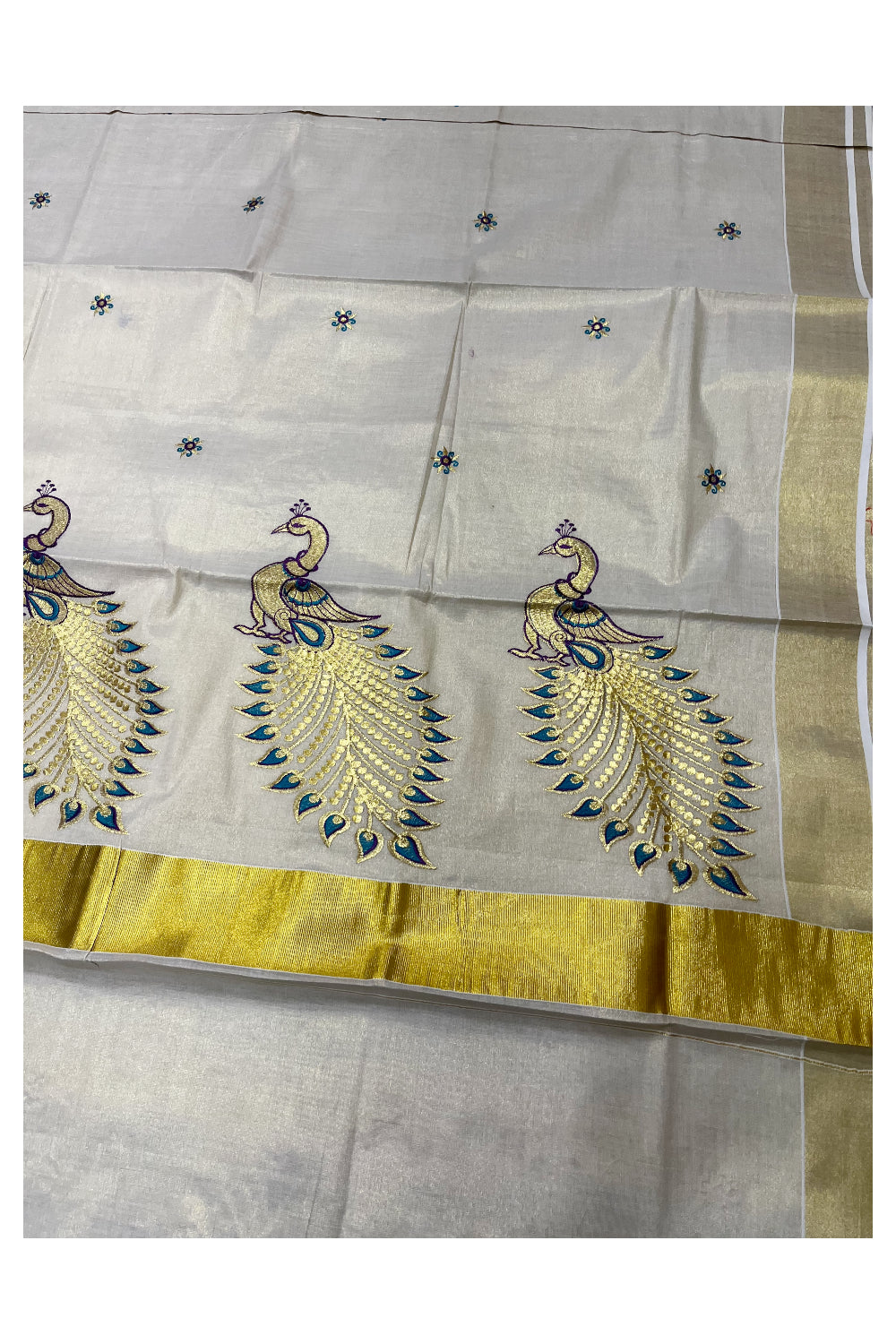 Kerala Tissue Turquoise and Golden Peacock Embroidery Work Kasavu Saree (Vishu 2024 Collection)