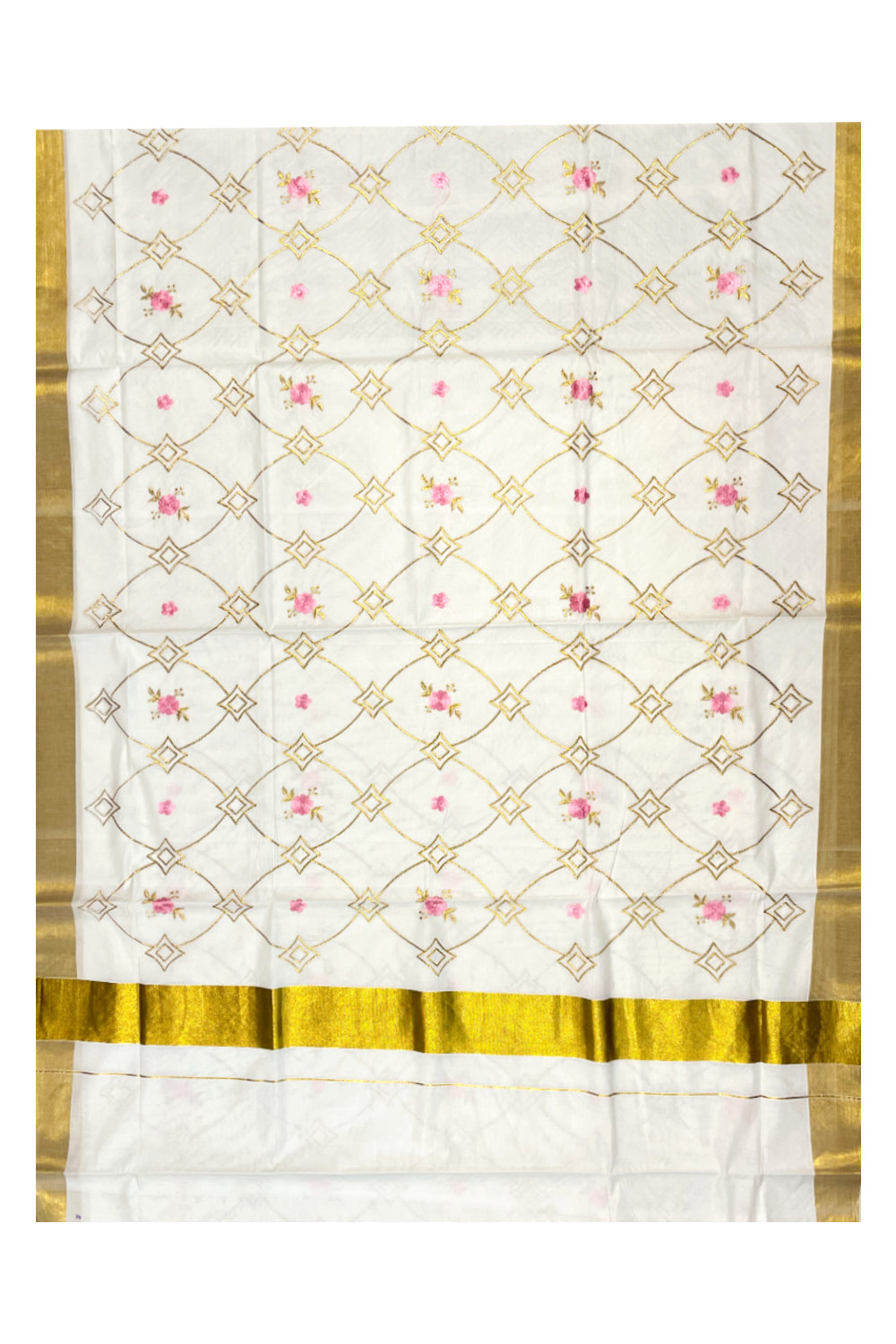 Southloom Kerala Cotton Kasavu Saree with Pink and Golden Floral Embroidery Designs