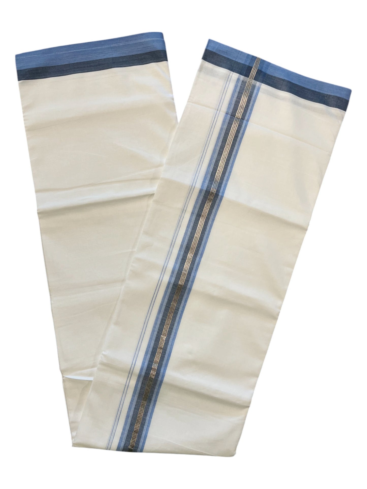 Pure White Cotton Double Mundu with Blue Border (South Indian Dhoti)